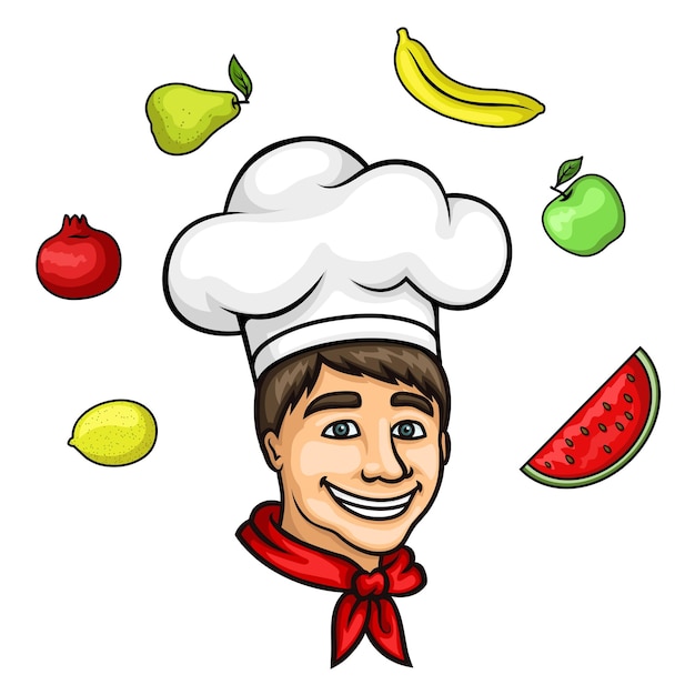 Joven chef de dibujos animados en toque con frutas frescas