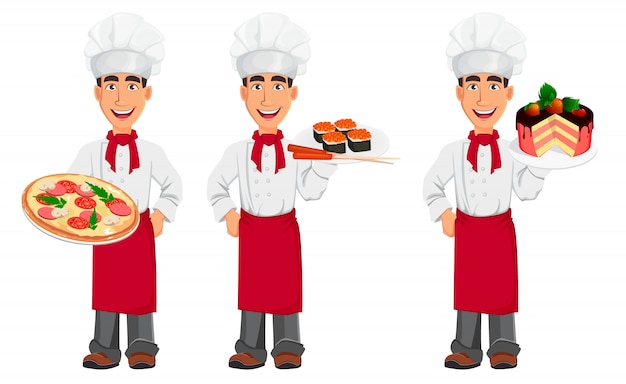 Joven chef profesional en uniforme y gorro de cocinero