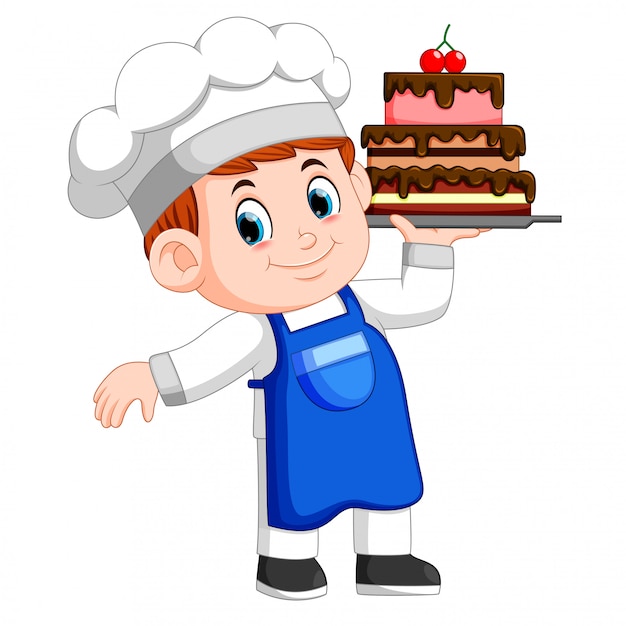 Joven chef sostiene una bandeja con pastel