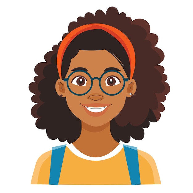 Vector joven chica afroamericana sonriendo con gafas y una faja naranja retrato de estudiante alegre