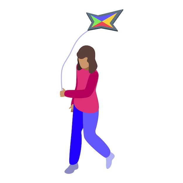 Joven chica corriendo con cometa en cuerda en el cielo disfrutando del pasatiempo de verano
