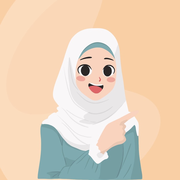 Joven chica con hijab señalando a su lado izquierdo