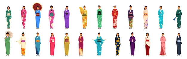 Joven chica kimono iconos conjunto de dibujos animados vector mujer japonesa