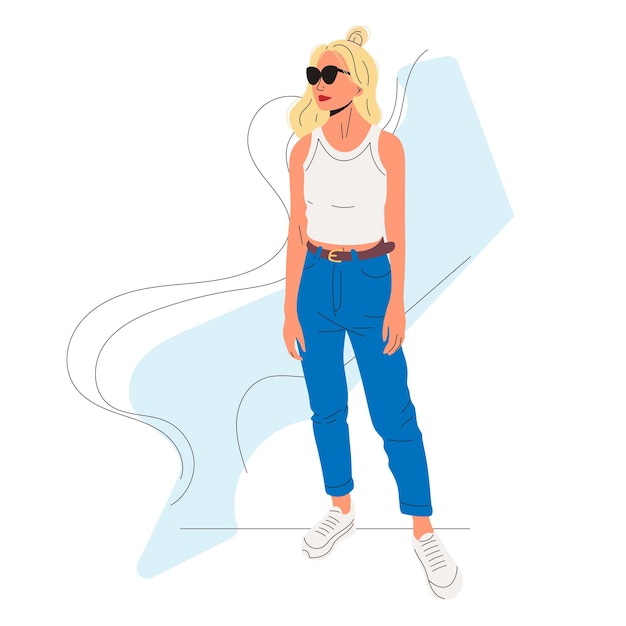 Joven chica a la moda con vaqueros y gafas de sol Vector ilustración plana aislada de una hermosa mujer de pie a toda longitud