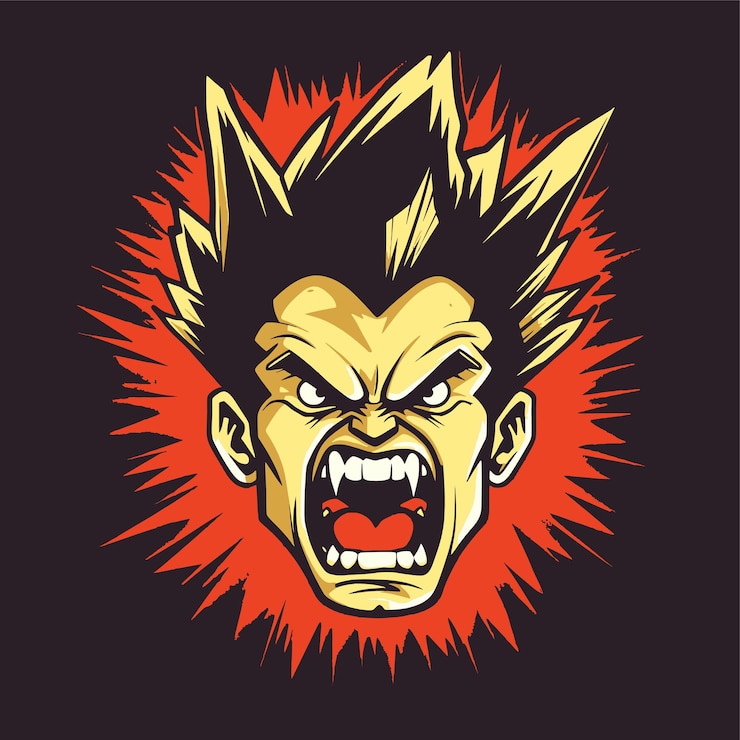 Vector joven chico de anime con cara agresiva y triste manga hombre de anime cabeza de héroe luchador