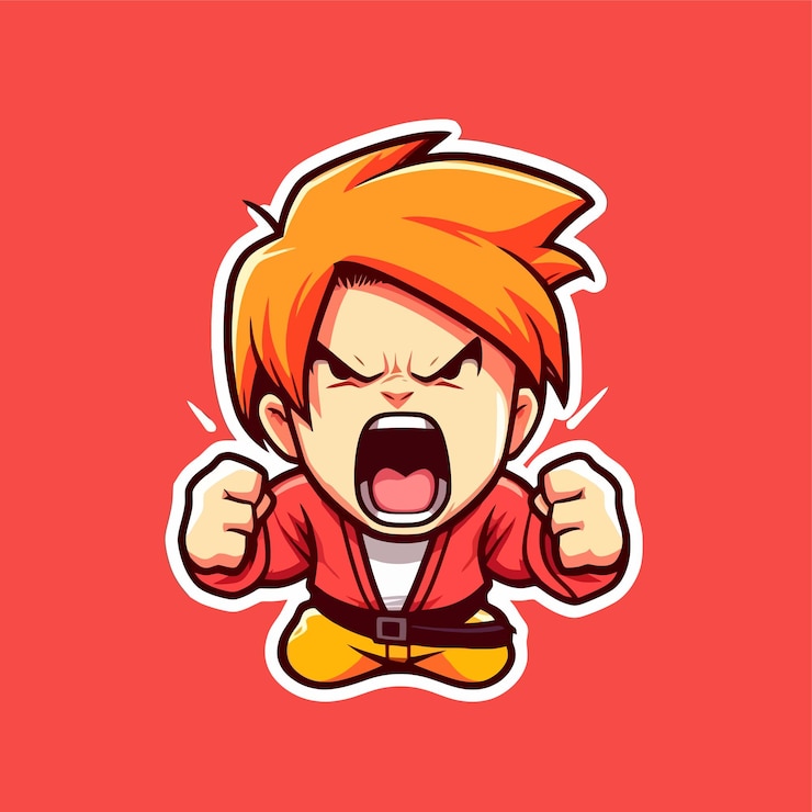 Vector joven chico de anime con cara agresiva y triste manga hombre de anime cabeza de héroe luchador