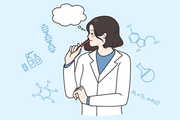 Una joven científica pensativa uniformada piensa en el descubrimiento o la investigación química. una investigadora o trabajadora de laboratorio hace una lluvia de ideas para desarrollar una vacuna contra la enfermedad. concepto de medicina. ilustración vectorial