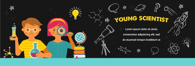 Joven científico. investigación, biotecnología, laboratorio químico e ilustración educativa.