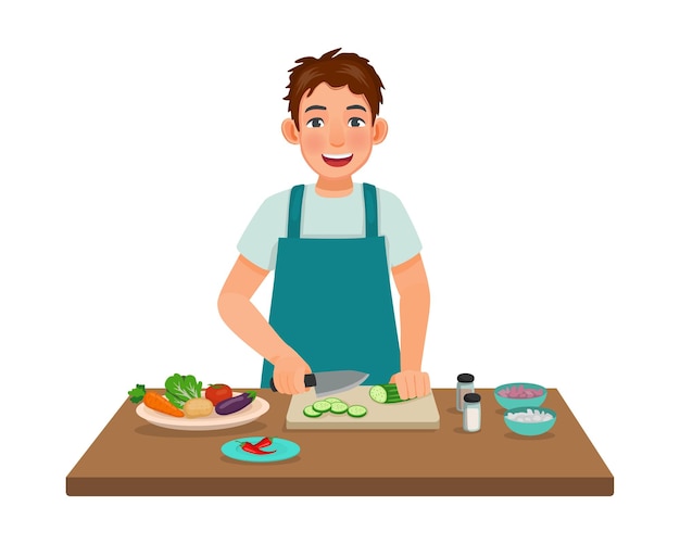 Joven cocinando comida cortando vegetales de pepino con un cuchillo en la cocina