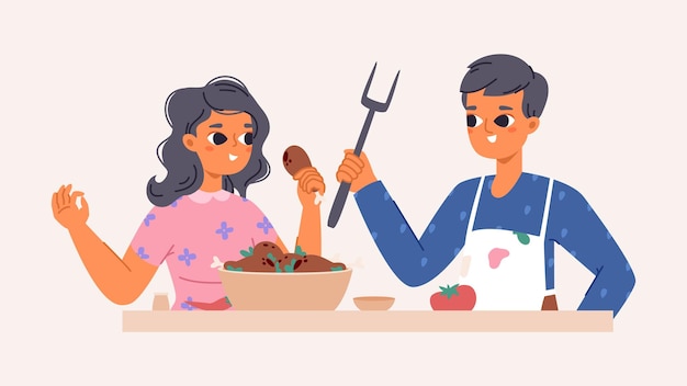 Vector joven cocinera cocinando estudiantes felices probando comida casera mujer y hombre en la cocina niño chef y niña sosteniendo pollo frito personajes culinarios vectoriales de dibujos animados divertidos