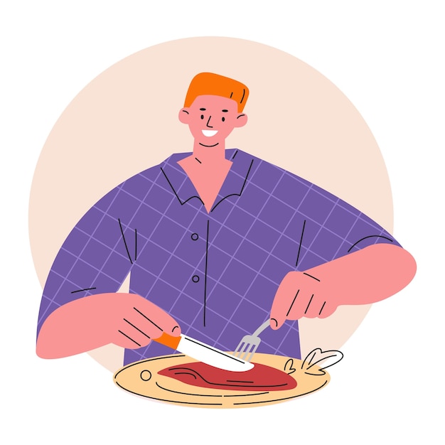 Joven come carne con tenedor y cuchillo. ilustración de vector de estilo plano.