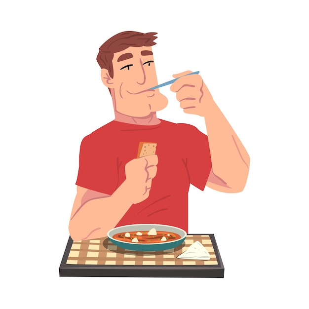 Joven comiendo una deliciosa comida estofada Hombre alegre sentado en la mesa con mantel a cuadros Ilustración vectorial de dibujos animados