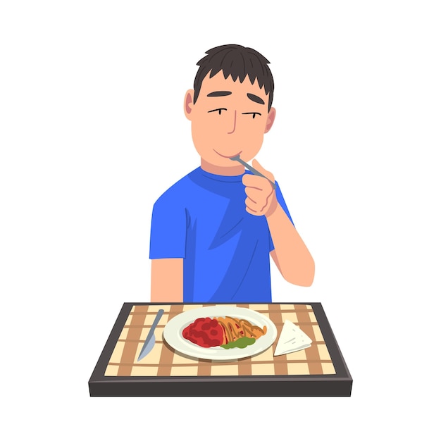 Vector joven comiendo una deliciosa comida hombre alegre sentado en la mesa con mantel a cuadros ilustración vectorial de dibujos animados