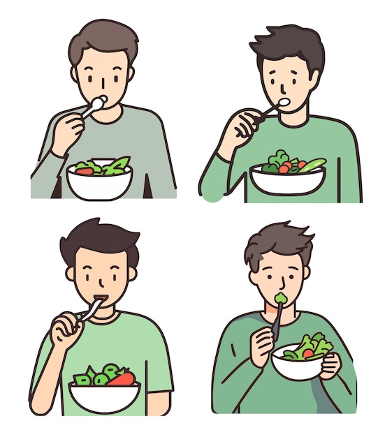 joven comiendo ensalada ilustración de fondo blanco estilo vectorial minimal flipart