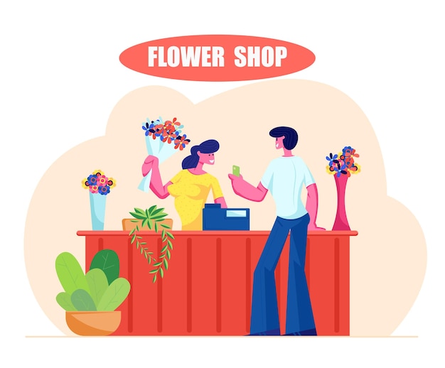 Joven, compra, ramo, en, floristería