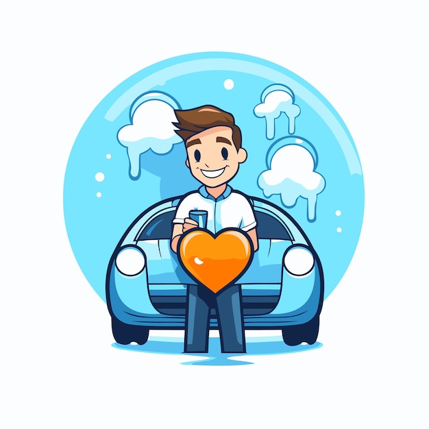 Un joven conduciendo un coche y sosteniendo un corazón en su mano ilustración vectorial