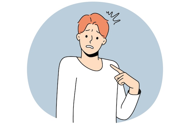 Joven confundido se señala a sí mismo se siente inseguro y frustrado Hombre apuntando a sí mismo se pregunta quién Frustración y confianza en sí mismo Ilustración vectorial