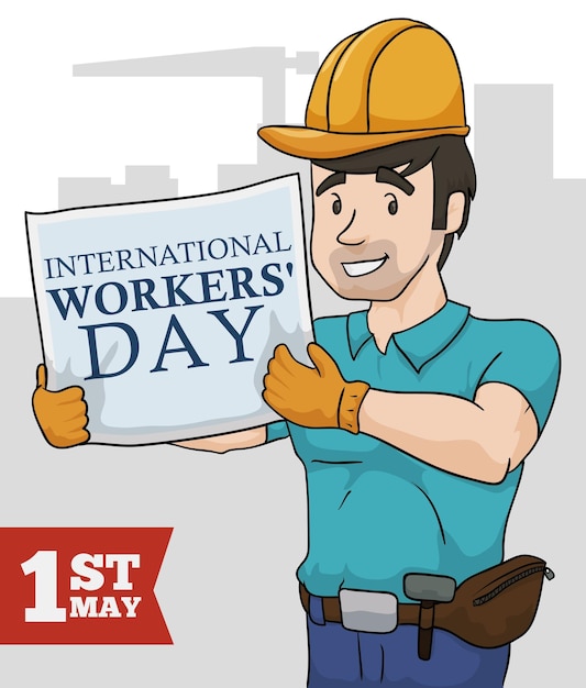 Joven constructor con su equipo de seguridad recordándote que es el Día Internacional de los Trabajadores
