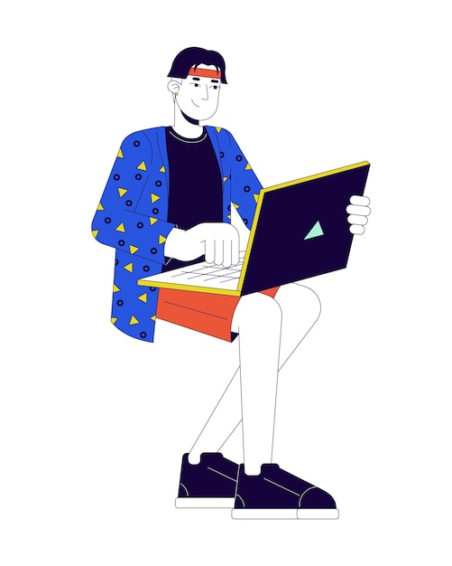 Joven coreano escribiendo en una computadora portátil un personaje de dibujos animados lineal en 2D