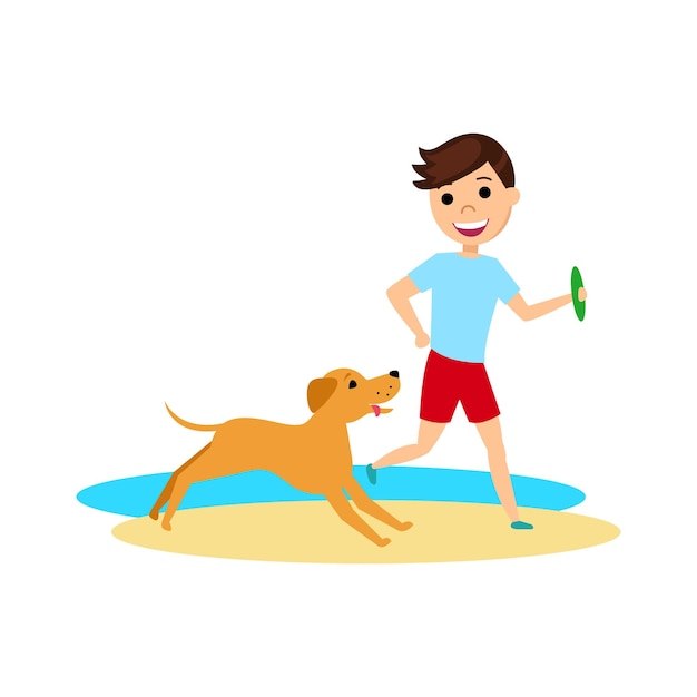 Vector joven corre con un perro en la playa. el hombre juega con su mascota.