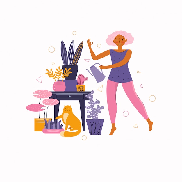 Joven cuida las plantas de interior. Actividades favoritas en casa. Pasar tiempo en casa