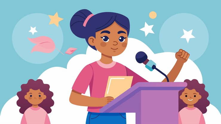 Vector una joven dando con confianza un discurso sobre la importancia de la igualdad de oportunidades para todas las razas