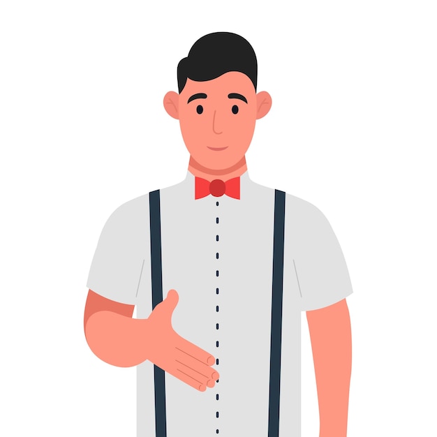 Joven dando pose de apretón de manos y sonriendo con gesto de bienvenida Ilustración vectorial