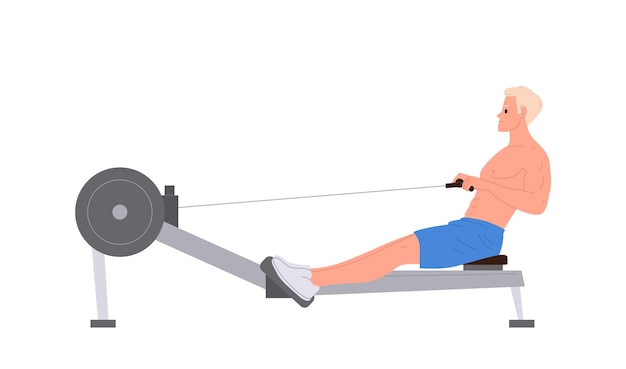 Joven deportista personaje de dibujos animados aislado haciendo ejercicio de cardio usando una máquina de remo