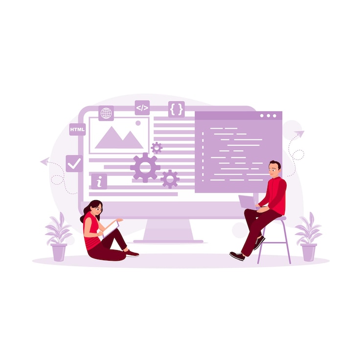 Vector joven desarrollador de software especialista en ti que programa profesionalmente dispositivos informáticos