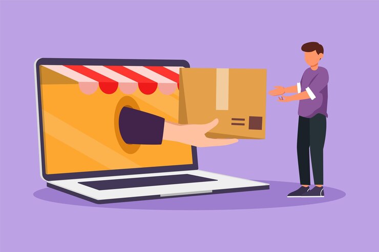 Vector el joven de dibujo plano de personaje recibe una caja de paquete de una gran mano que salió de la pantalla de un portátil con dosel grande y la entrega entrega digital y tienda en línea ilustración de vector de diseño de dibujos animados