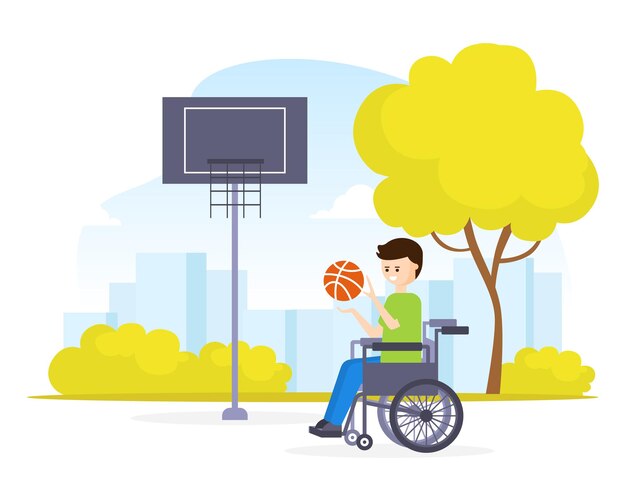 Vector joven discapacitado en silla de ruedas jugando al baloncesto al aire libre asistencia sanitaria y accesibilidad ilustración vectorial de dibujos animados