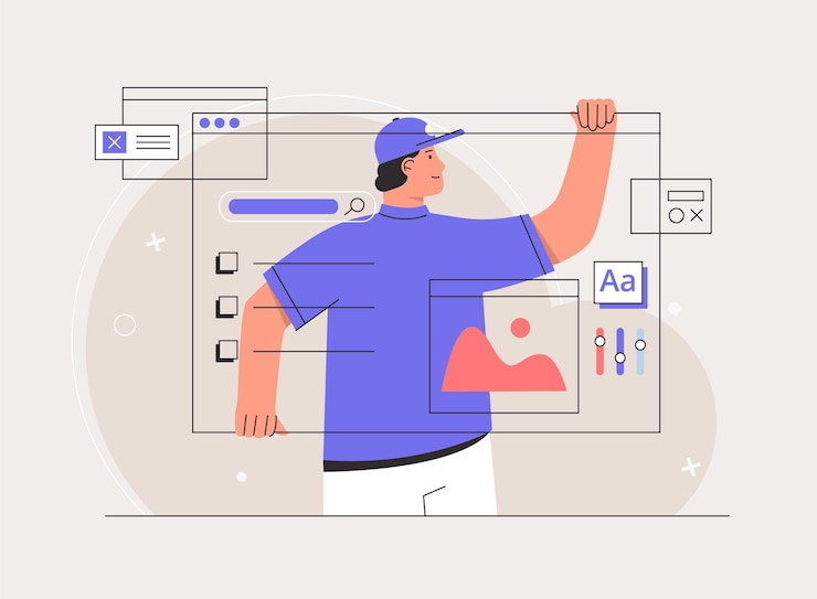 Vector joven diseñador que trabaja en el diseño de ui ux o en el banner de creación de prototipos de aplicaciones móviles. desarrolladores de software. freelancer trabajando en desarrollo web y de aplicaciones en computadoras. vector de estilo plano.