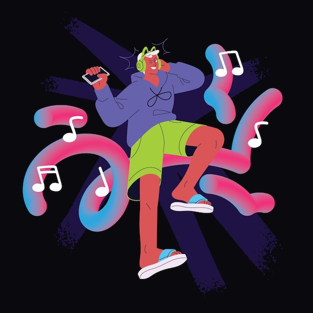 Vector un joven disfruta escuchando música energética con auriculares lindos un tipo feliz con auriculas con teléfono inteligente un personaje sostiene el reproductor de sonido de audio baila al ritmo de canciones pop ilustración de vector aislado plano