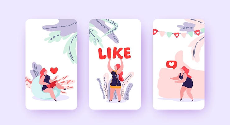 Vector la joven disfruta de los me gusta, los avales en las redes sociales de internet. las mujeres trabajan en la computadora portátil, el teléfono obtiene felicidad de los gustos y los corazones de amor. concepto de estilo de dibujos animados planos.