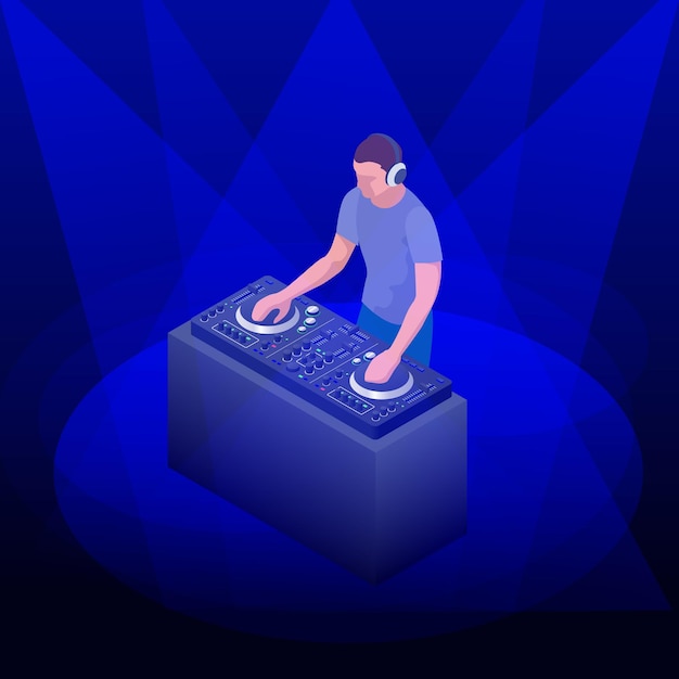 Joven DJ hipster mezclando música en los tocadiscos. DJ tocando y mezclando música en la terraza de una fiesta. Ilustración de diseño plano vectorial.