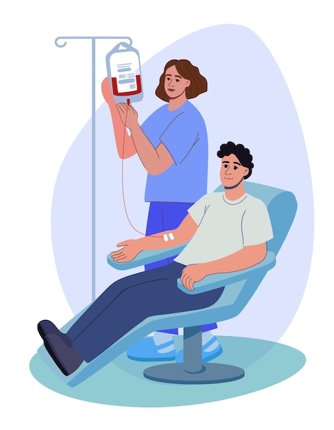 Un joven dona sangre para personas enfermas una enfermera está cerca del concepto de donación de sangre de caridad