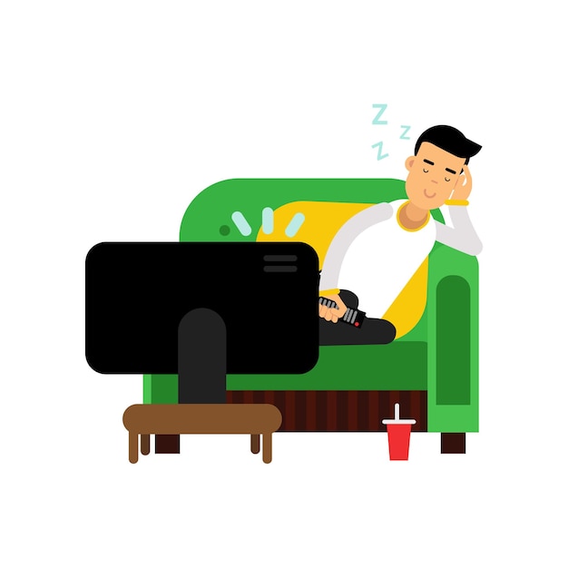 Joven durmiendo frente a la ilustración vectorial de dibujos animados de TV aislada en un fondo blanco