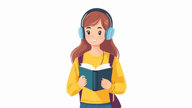 Vector una joven elegante con auriculares disfrutando de la música