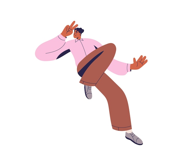 Joven emocionado feliz con alegría emoción señal de victoria gesto de paz sonriente trabajador de oficina positivo en movimiento acción movimiento dinámico gracioso ilustración vectorial plana aislada sobre fondo blanco
