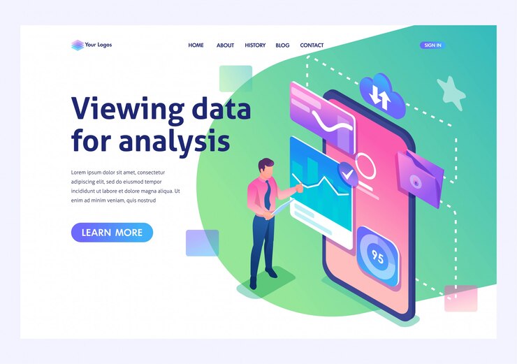 Vector un joven emprendedor trabaja con datos