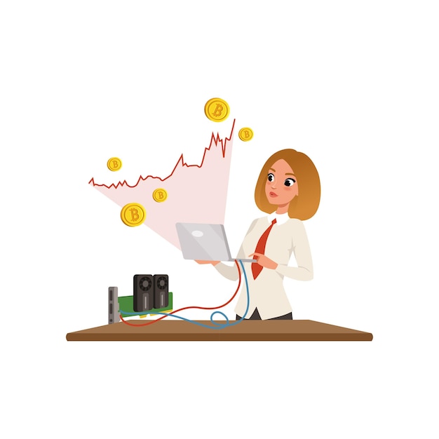 Joven empresaria con laptop en manos minando bitcoins. Gráfico de crecimiento rojo. Minero de GPU. Tema de dinero virtual. Personaje de dibujos animados de mujer. Ilustración de vector plano aislado sobre fondo blanco.