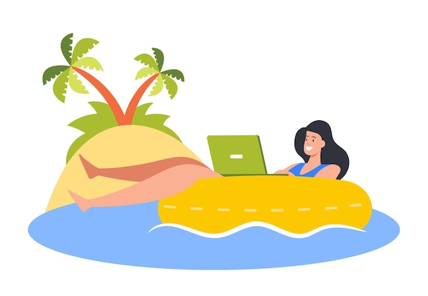 Vector joven empresaria nadar en anillo inflable en el océano trabajando en la computadora portátil, relajarse y trabajar en la playa tropical. mujer freelancer trabajo distante, libertad de personaje femenino. ilustración de vector de gente de dibujos animados