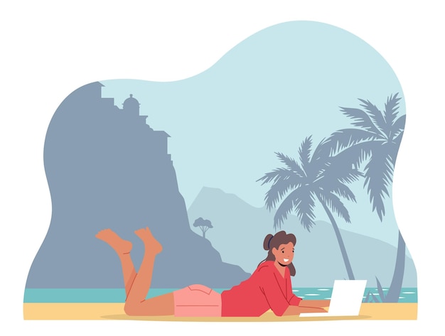 Vector joven empresaria personaje independiente acostado en la playa leer información en una computadora portátil y disfrutar al aire libre en una isla tropical o un resort con palmeras y ocean seascape cartoon people vector illustration