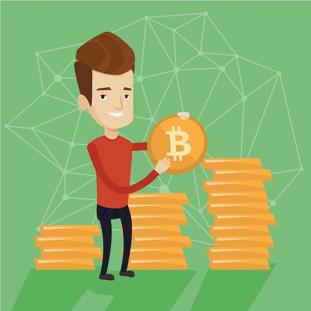 Joven empresario exitoso con moneda bitcoin.