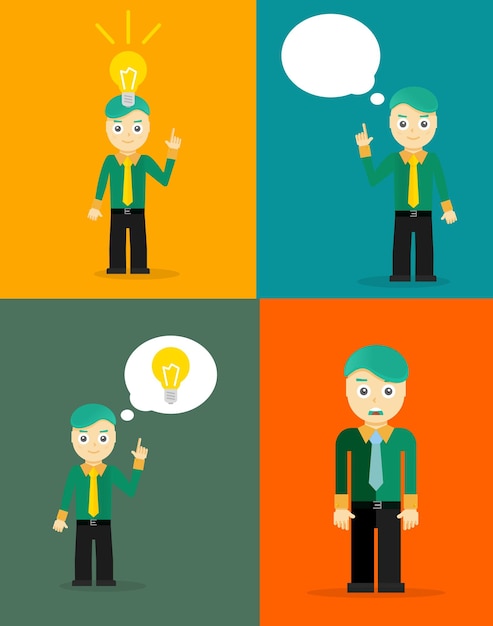Joven empresario pensando en sus ideas Conjunto de conceptos de diseño plano