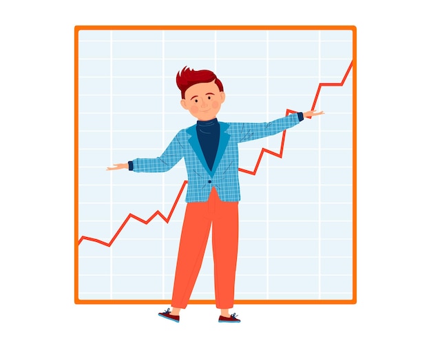 Joven empresario que presenta un gráfico de crecimiento un personaje de dibujos animados masculino confiado con un gráfico de tendencia ascendente