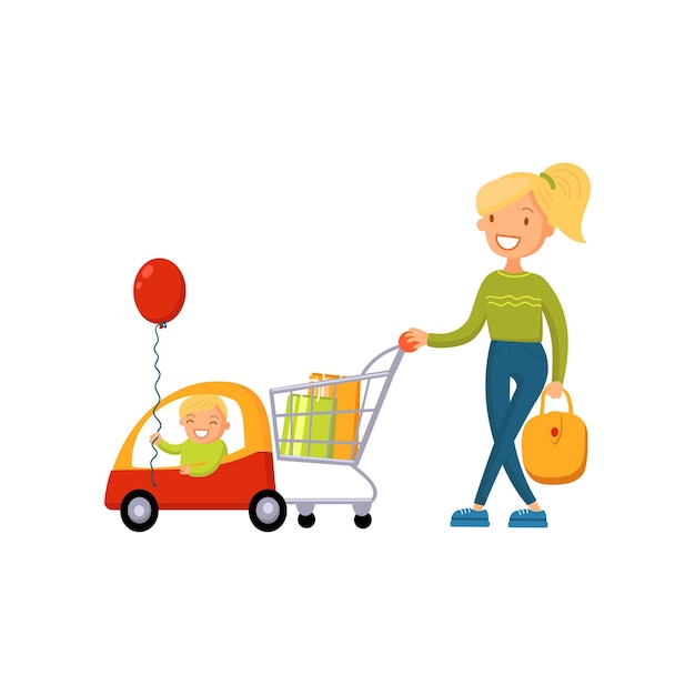 Una joven empujando un carro de supermercado con algunos productos y un niño sentado en un auto de un carrito de compras ilustrado con vectores de dibujos animados aislado en un fondo blanco