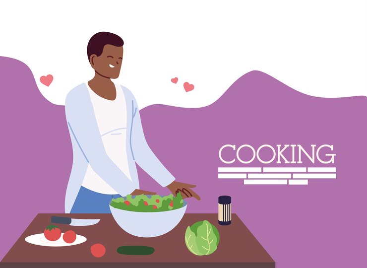 Vector joven enamorado preparando comida sana, diseño de ilustraciones