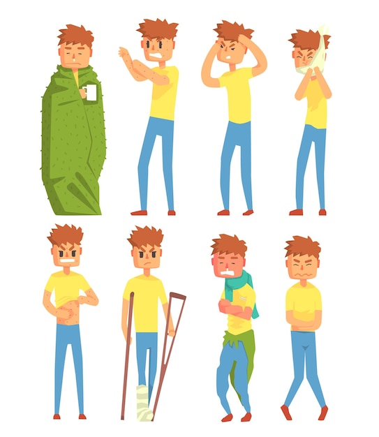 Joven enfermo personajes de juego tipo que sufre de diferentes síntomas vector ilustraciones aisladas en un fondo blanco