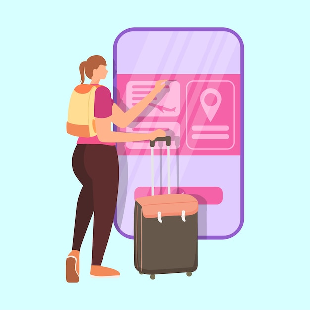 Una joven con equipaje de viaje tiene que usar un teléfono inteligente para reservar boletos de avión en una ilustración de vector gráfico plano coloreado en línea aislada